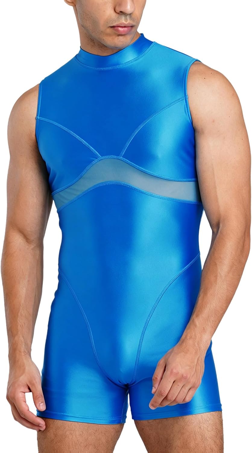 Hularka Men Athletic Training Swimsuit One Piece Leotard | Silky Tights,Extreme Swimwear,Sleeveless,Lightweight Quick Dry,Glossy Stretch Spandex Fabric,Full Coverage,High Neck