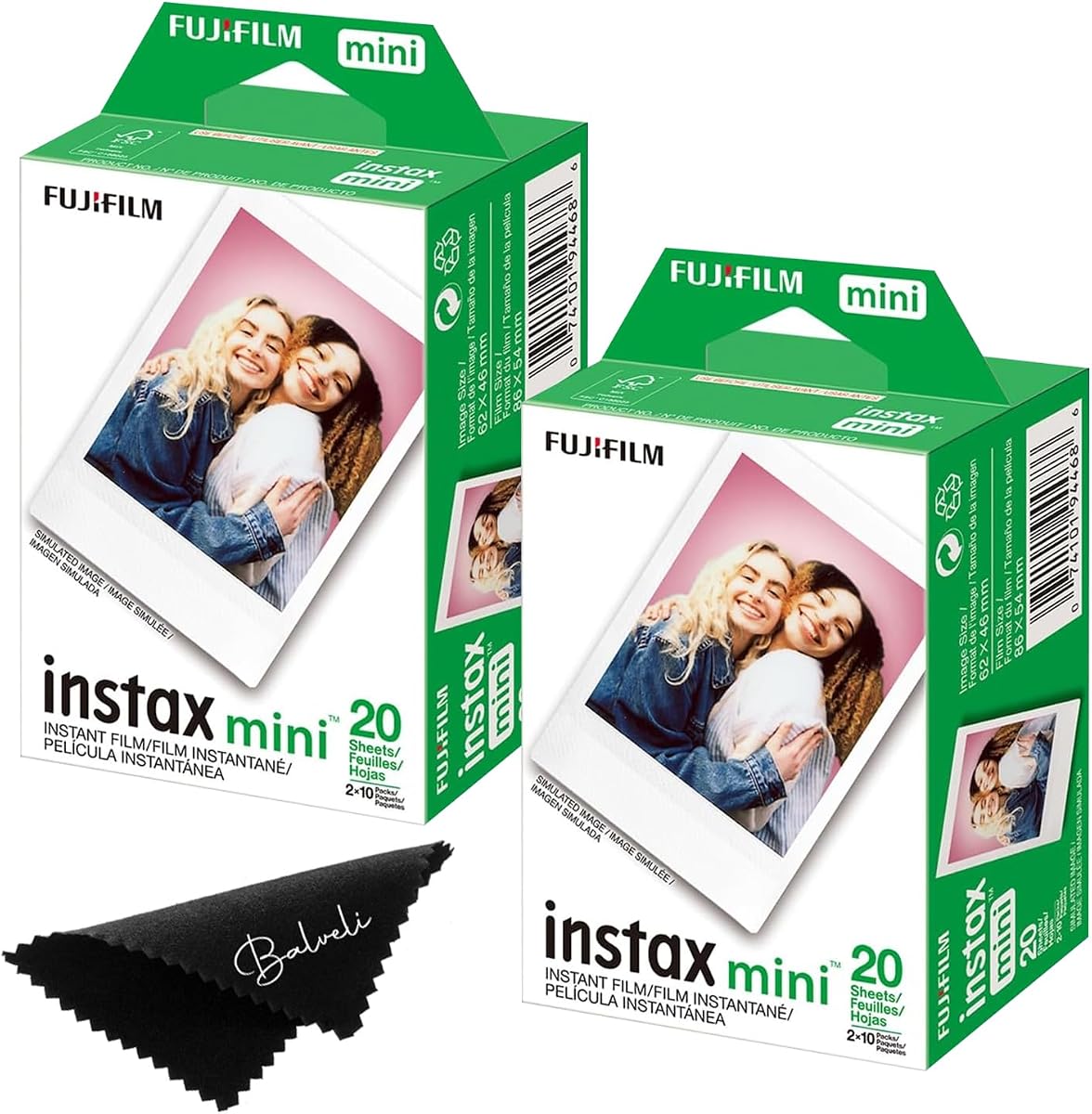 Fujifilm Instax Mini Film Two Instant Film Twin Packs - 40 EXP Total, ISO 800, Compatible to Mini Evo, Mini 40, 12, 11, 9, Bundeld with Premium Balveli Microfiber Cloth