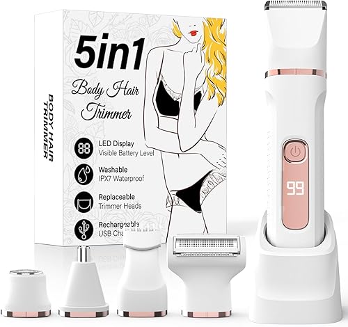 Bikini Trimmer for Women,5-in-1 Electric Razors for Women,Electric Shaver for Women's,IPX7 Waterproof Trimmer for Men Legs,with 5 Replaceable Blade Heads,USB Recharge Dock（White）