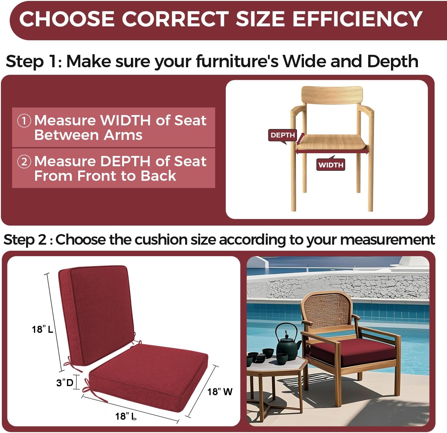 Outdoor Chair Cushion 18 x 18 x 3 Inch, Waterproof & 3-Year Fade Resistant Patio Furniture Cushions, Removable Cover and Adjustable Ties for Garden Sofa Couch (Red)