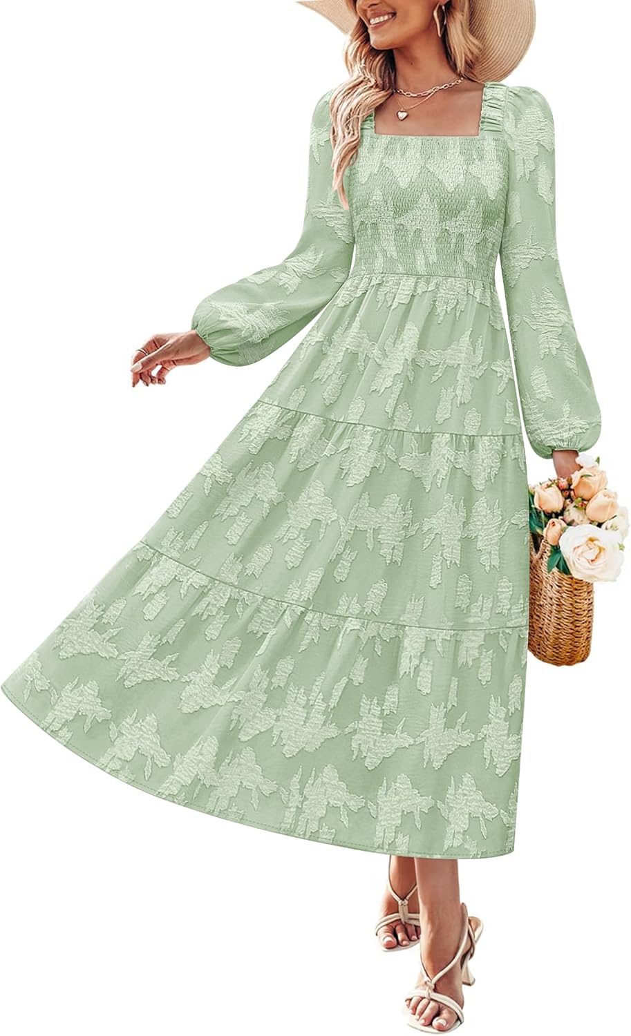 ZESICA Women's 2026 Spring Floral Midi Dress Long Sleeve Smocked Flowy Long Wedding Guest Vacation Dresses