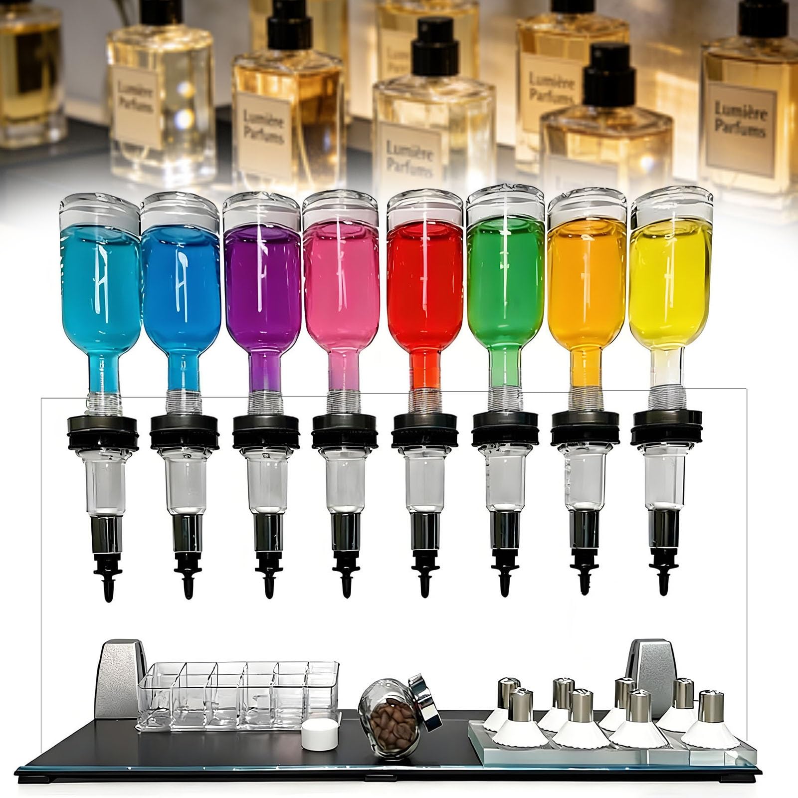 Dispenser manuale di profumo da tavolo, con capacità di riempimento per liquidi, compatibile con 6/8/12 flaconi, flaconi di profumo in vetro da 200 ml e porta-tester professionale per profumi(8 Heads)