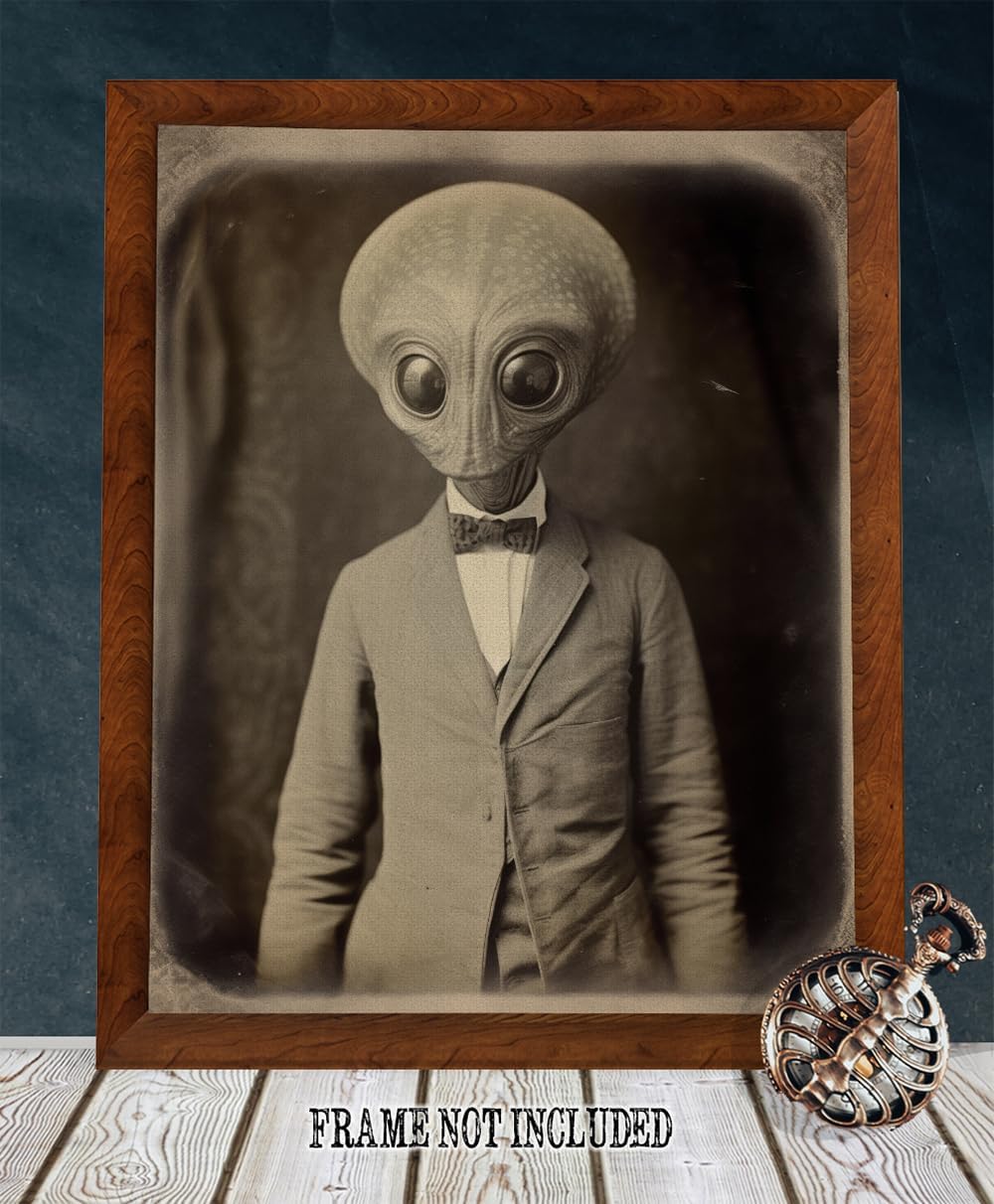 Lone Star Art Vintage Steampunk Alien in Victorian Portrait with Big Head and Eyes Wearing a Suit Poster – Psychedelic Retro Futurism UFO Halloween Decoration – Stretched Canvas 28x36 Print