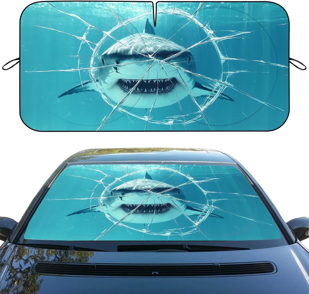 Shark Car Windshield Sunshades Ocean Marine Animals Cracked Glass Front Window Sun Shade Blocks UV Rays Sun Visor Protector for Car Sedan Truck SUV Accessories 59" X 31"