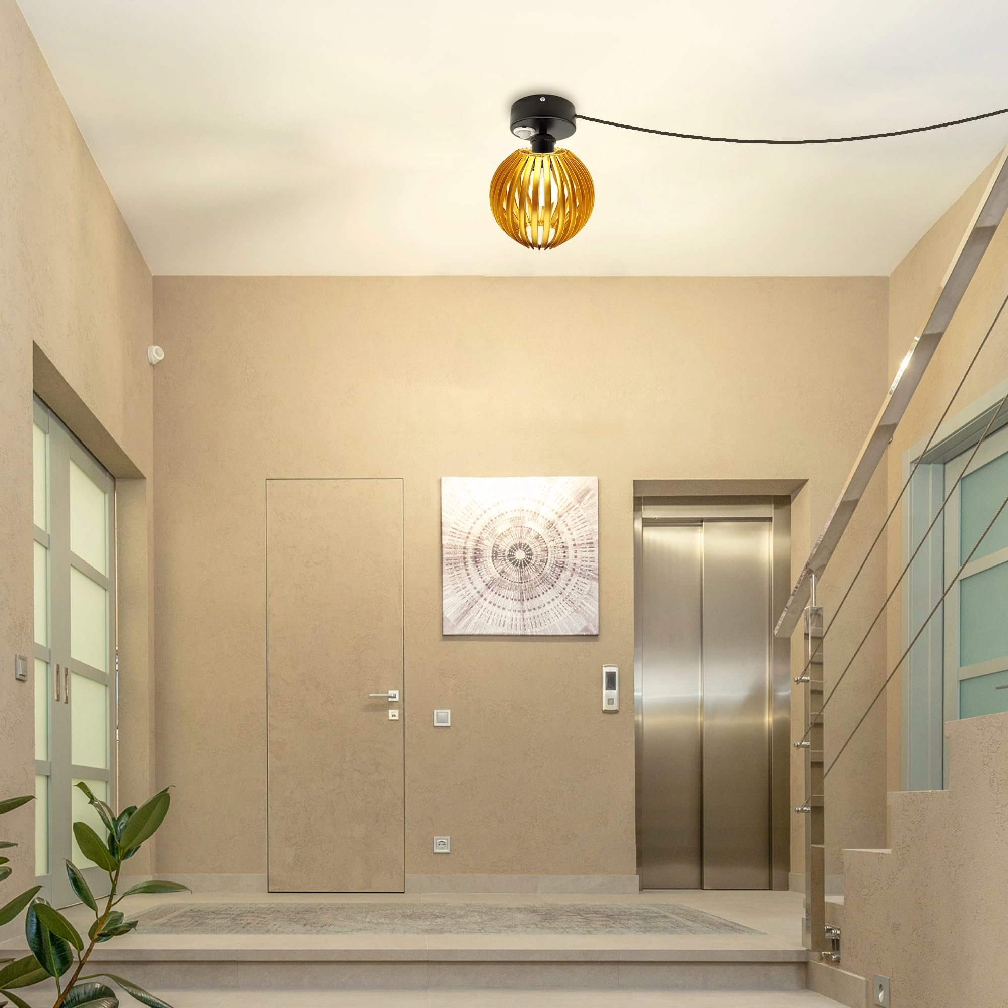 Plafoniera con sensore di movimento interno, lampada da soffitto in ferro industriale, sensore di movimento radar con cavo da 4,5 m e portalampada E27, per corridoio, bagno, scale, garage