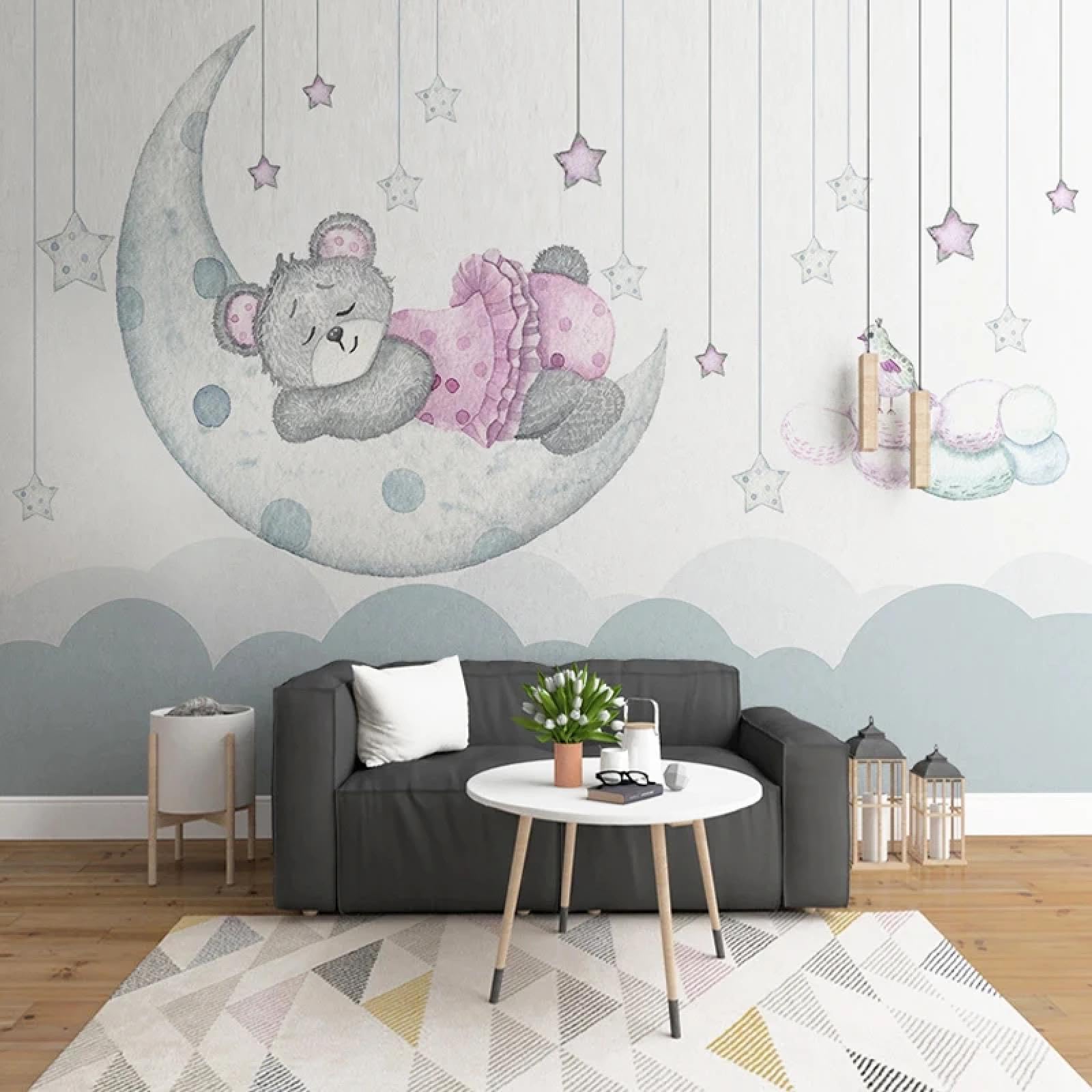 Peintures murales peintes à la main avec ours et étoiles pour illuminer la chambre d'enfant