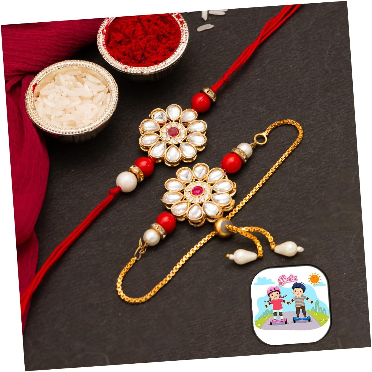 CraftVatikaCraftVatika Rakhi Set for Brother and Bhabhi Designer Floral Rakhi for Bhaiya Kundan Lumba Braclet for Bhabhi Couple Set of 2 Raksha Bandhan Fridge Magnet for Door Decor