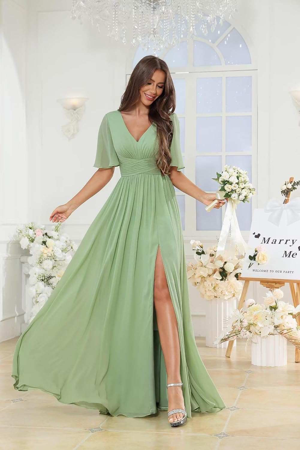 Wchecalino Long Bridesmaid Dresses with Sleeves V Neck 2026 Chiffon Ruched Evening Formal Dress with Slit