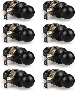 KNOBWELL 8 Pack Stainless Steel Passage Door Knobs, Keyless, Adjustable Latch, Matte Black Finish, Interior, Hallway or Closet, Door Knob Set for Standard Door Sizes, 8 Count