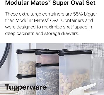 Tupperware Brand Modular Mates Super Oval Container Set - 5 Dry Food Storage Containers with Lids - Airtight, Dishwasher Safe & BPA Free