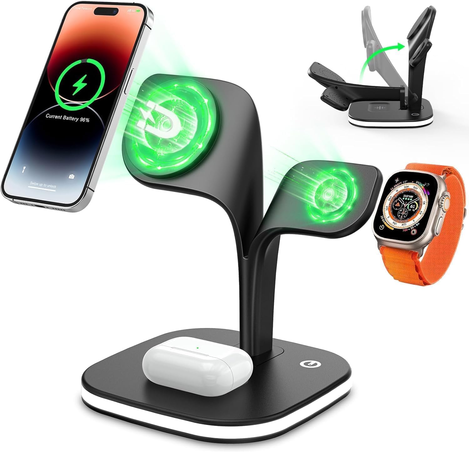 Wireless Charging Station Magnetic compatiable with Apple Devices Foldable Charger 4 in 1 Wireless Charger with USB and Night Light, 15W Fast Charging Stand for Apple Watch and Airpods (QV872)harger 1