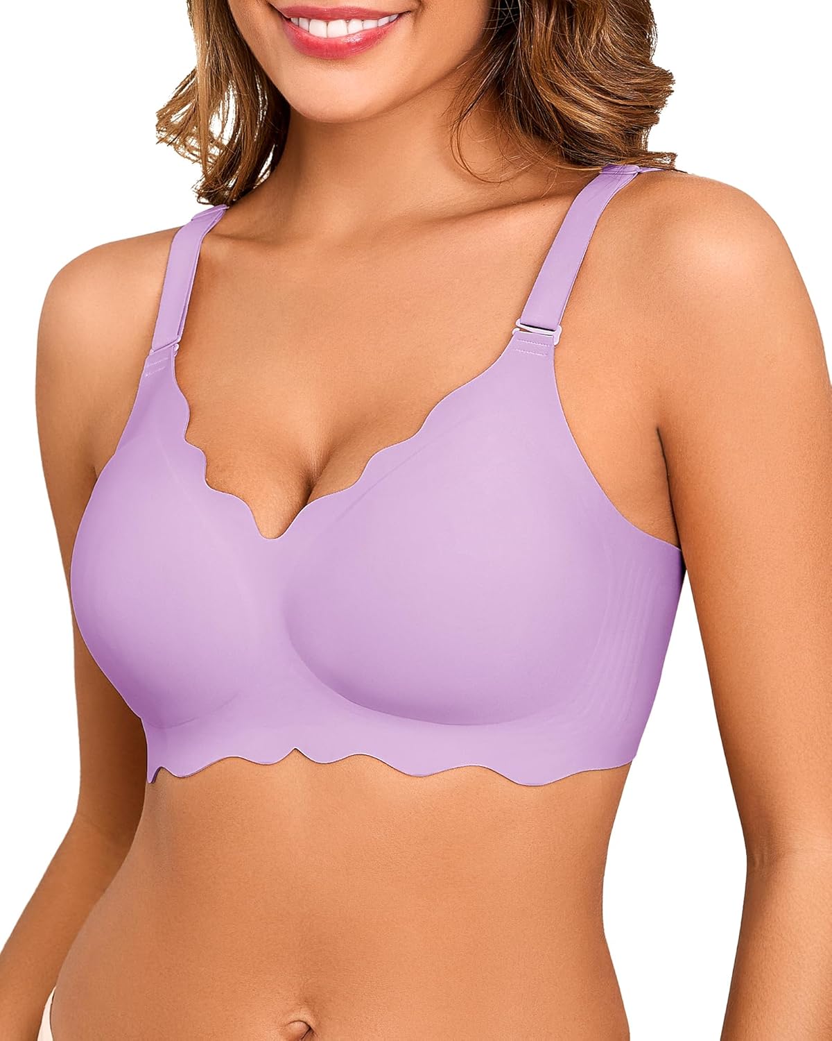 Seamless Bras for Women No Underwire Push Up Bra Full Coverage V-Neck Wirefree Bralettes Soft T-Shirt Everyday Bra, Purple, Large