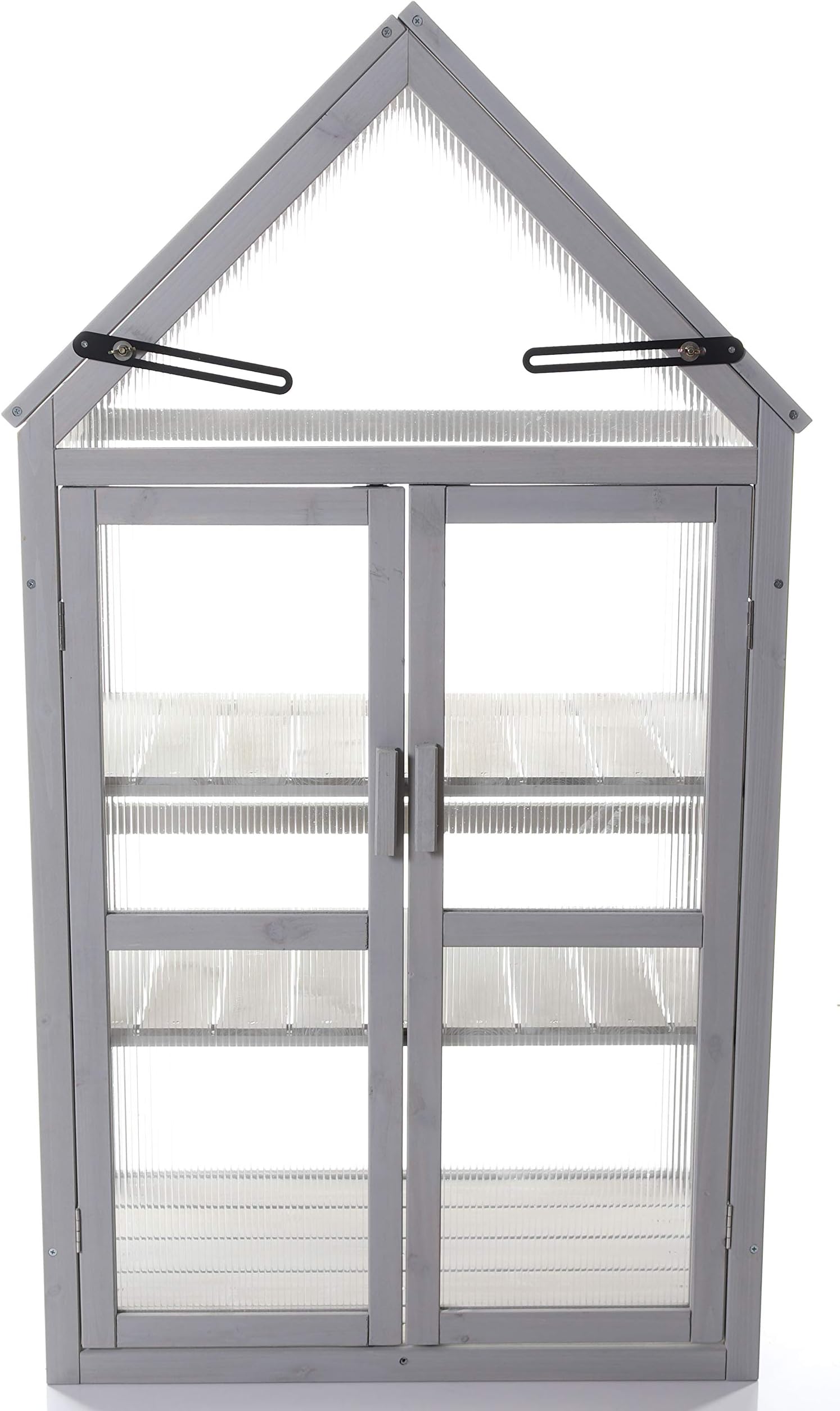R70200425 Dove Gray Wooden Growhouse with UV Treated Polycarbonate Glazing and Adjustable Shelves. Dimentions:16" x 28" x 52" inches (LxWxH)