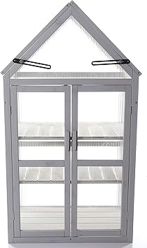 Gardman R70200425 Dove Gray Wooden Growhouse with UV Treated Polycarbonate Glazing and Adjustable Shelves. Dimentions16" x 28" x 52" inches LxWxH