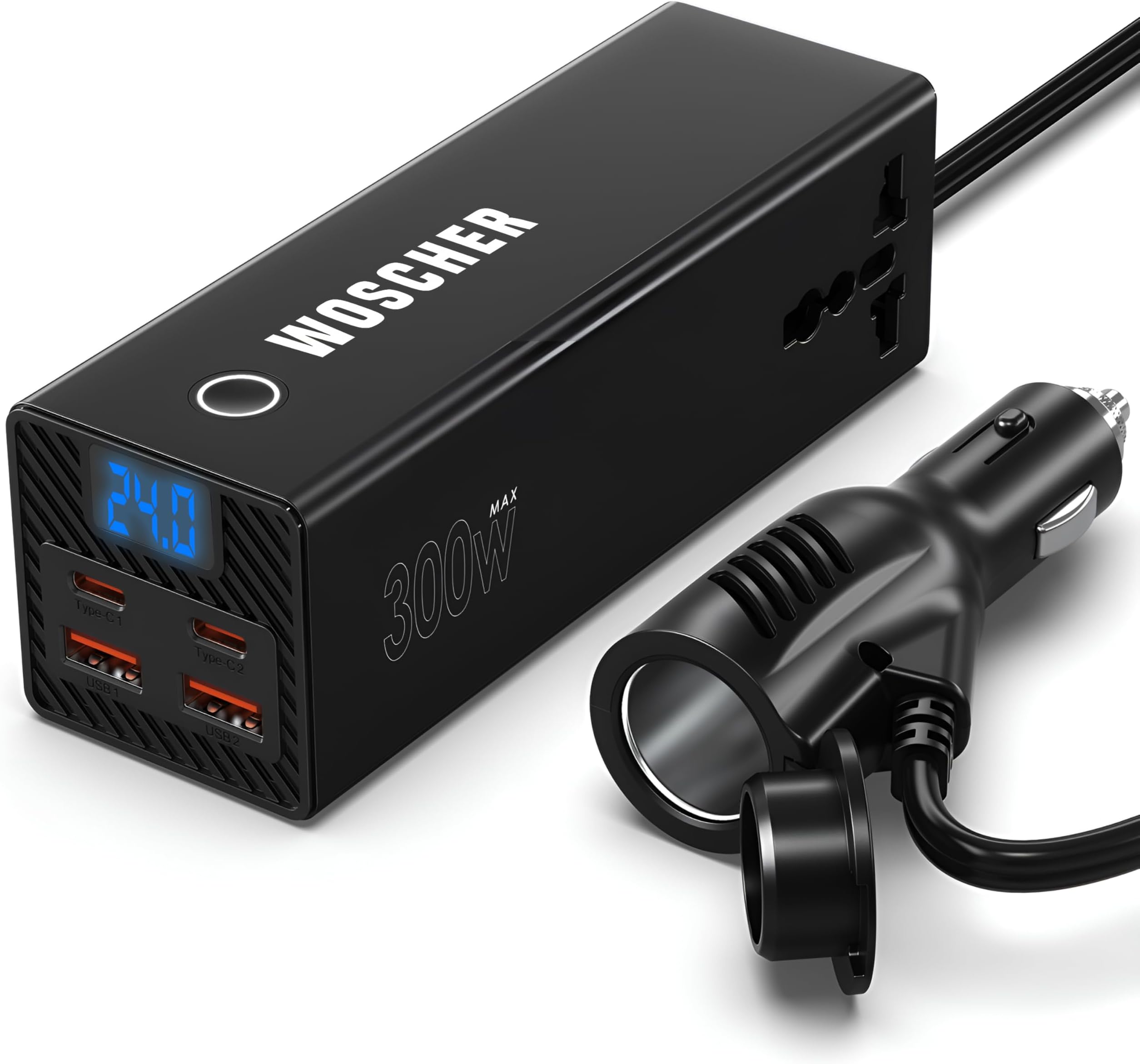 - Woscher PowerMate Pro Car Laptop Charger Power Inverter 2 USB (24W Max), 2C Type (36W Max)& 2 AC Universal Socket(300W Max)DC 12V to 220V AC Car Charger Converter,Multiple Deice Use|18 Months Warranty