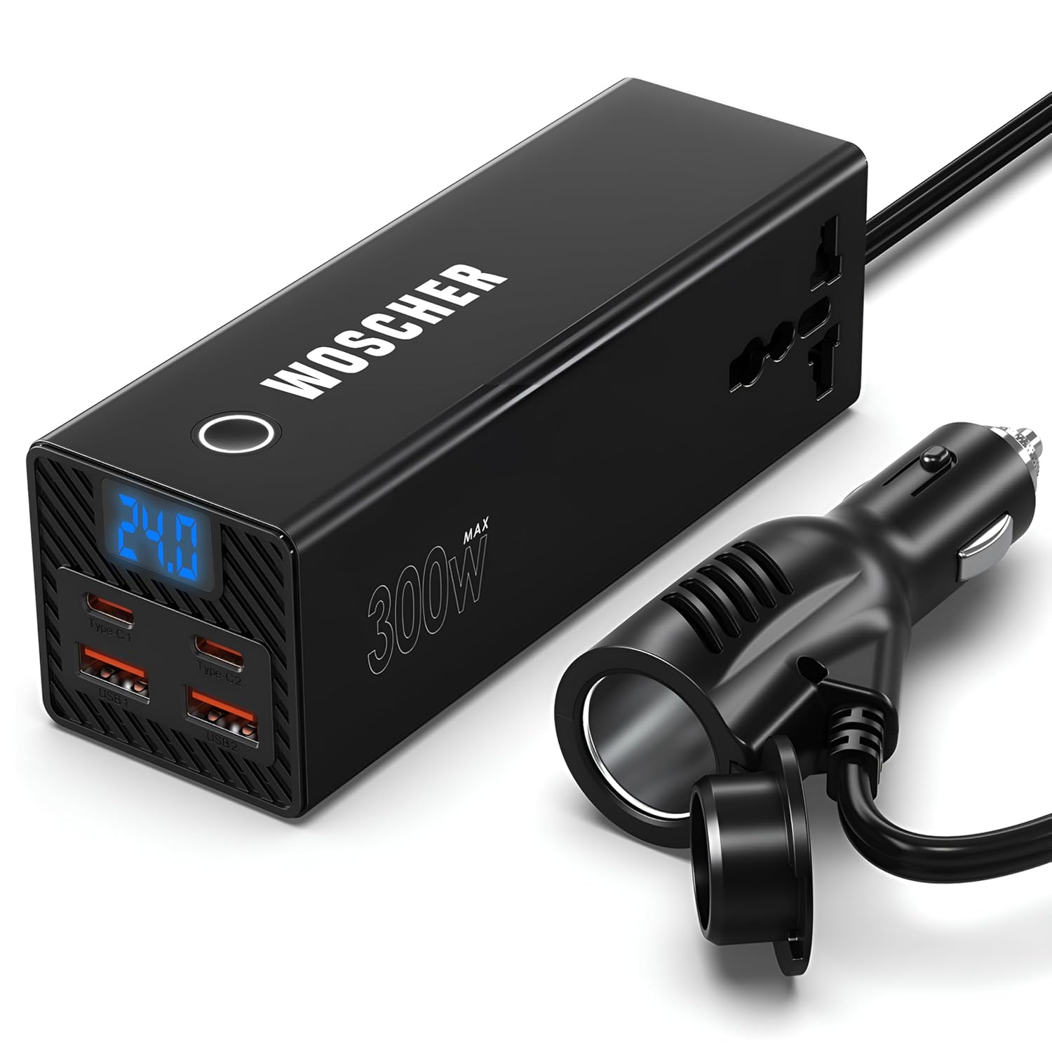 Woscher 300W Car Laptop Charger Power Inverter 2 USB (24W Max), 2 C Type (36W Max) & 2 AC Universal Socket (300W Max) DC 12V to 220V AC Car Charger Converter,Multiple Deice Use|18 Months Warranty