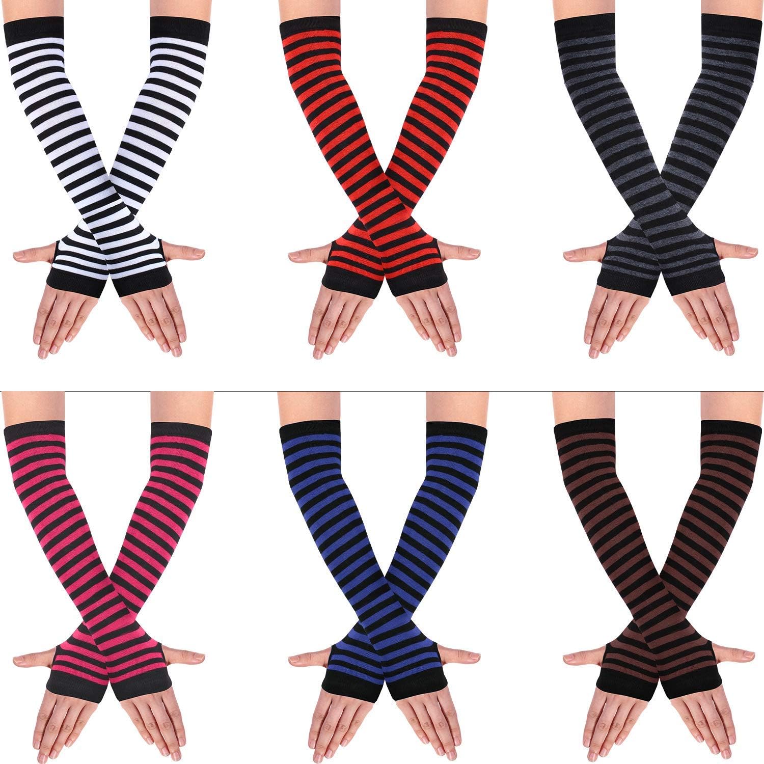SATINIOR 6Pairs Long Fingerless Gloves Women Striped Arm Warmer Punk Gothic Rock Y2k Emo Scene Striped