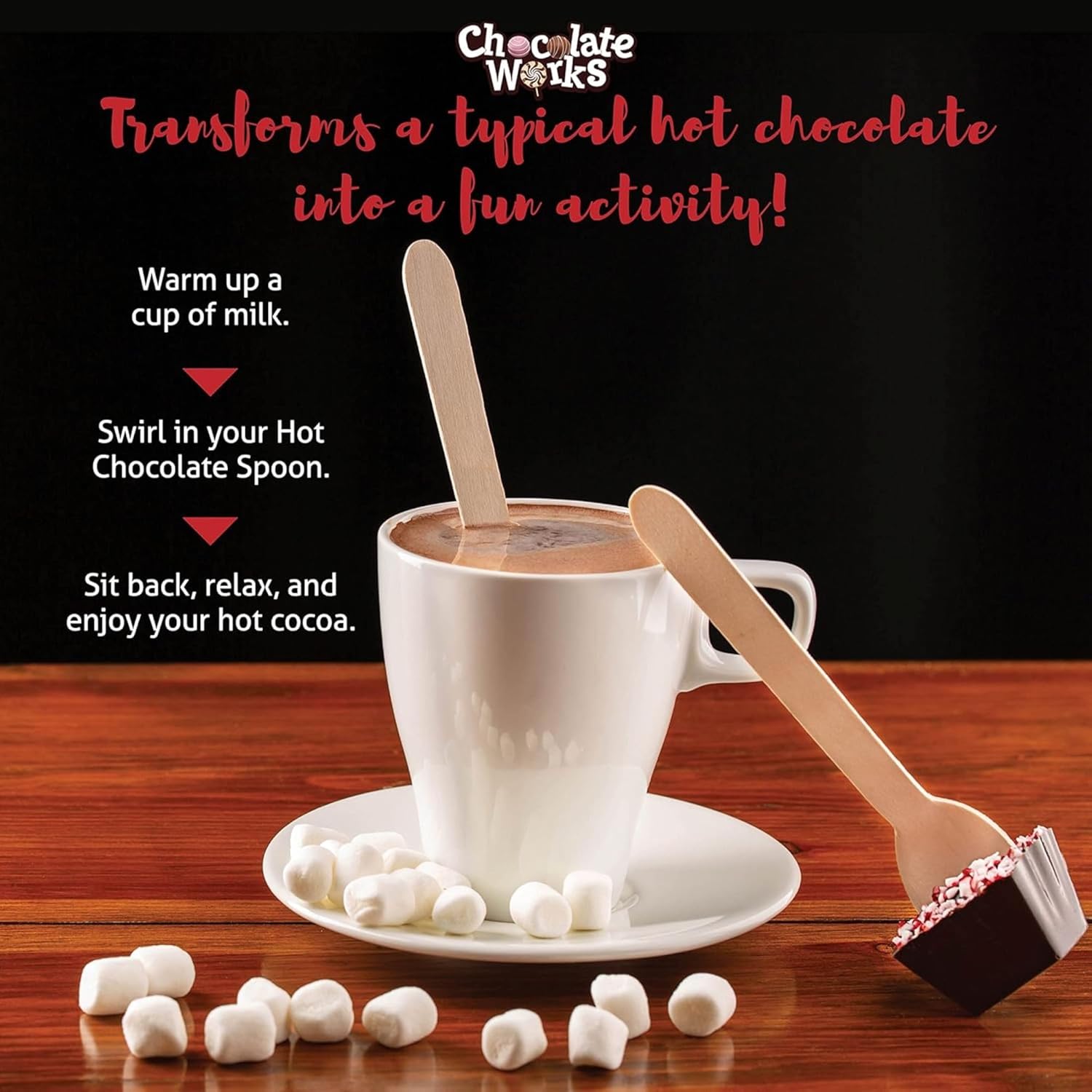 Chocolate Works Hot Chocolate Spoons – Dark Chocolate with Peppermint – Stirring Spoons for Hot Cocoa – Individually Wrapped – Pack of 12