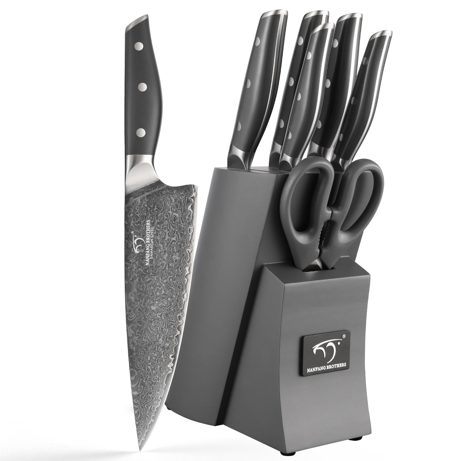 NANFANG BROTHERS Set di coltelli da cucina Damasco 7 pezzi con blocco, manico in ABS antiscivolo, set di coltelli in acciaio inox ultra affilati con blocco, coltello da chef, coltello da pane, ecc