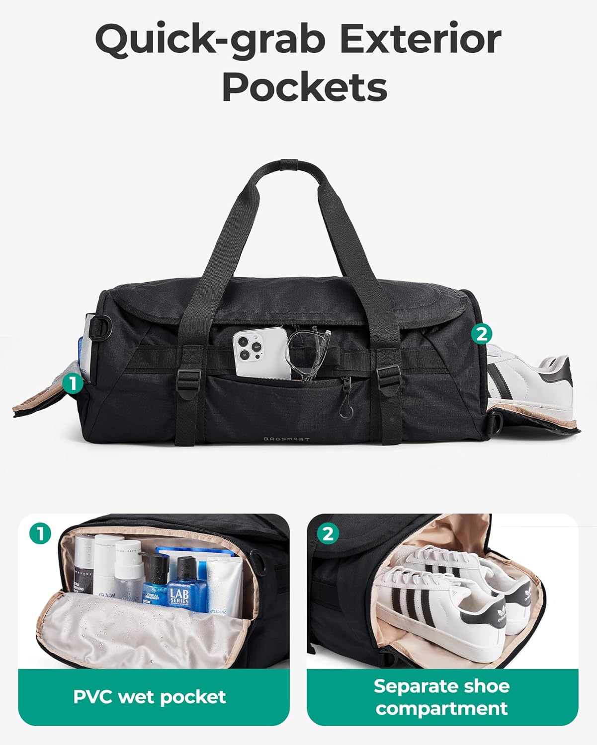 BAGSMART 4-IN-1 Duffle Bag for Travel, 40L Travel Bag Gym Duffle, TSA Carry on Backpack with Shoes Compartment & Wet Pocket, Water-resistant Workout Duffel, Grey - Image 5