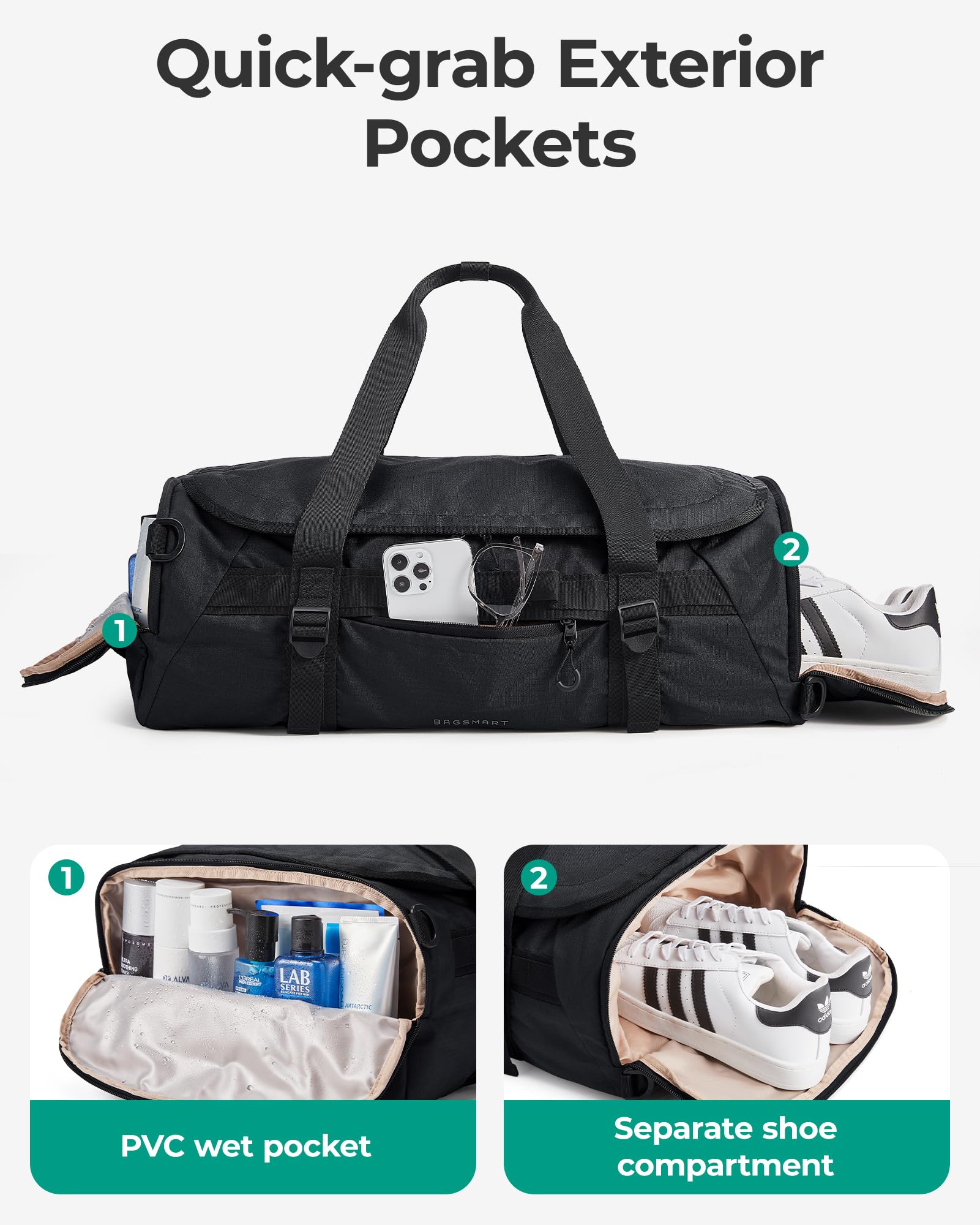 BAGSMART Bolsa de viaje de 42 l, compacta bolsa de deporte para hombre y mujer, bolsa de tela resistente para viajes, fitness y negocios, bolsa de equipaje de mano, Negro , 55 x 35 x 22 cm, Clásico