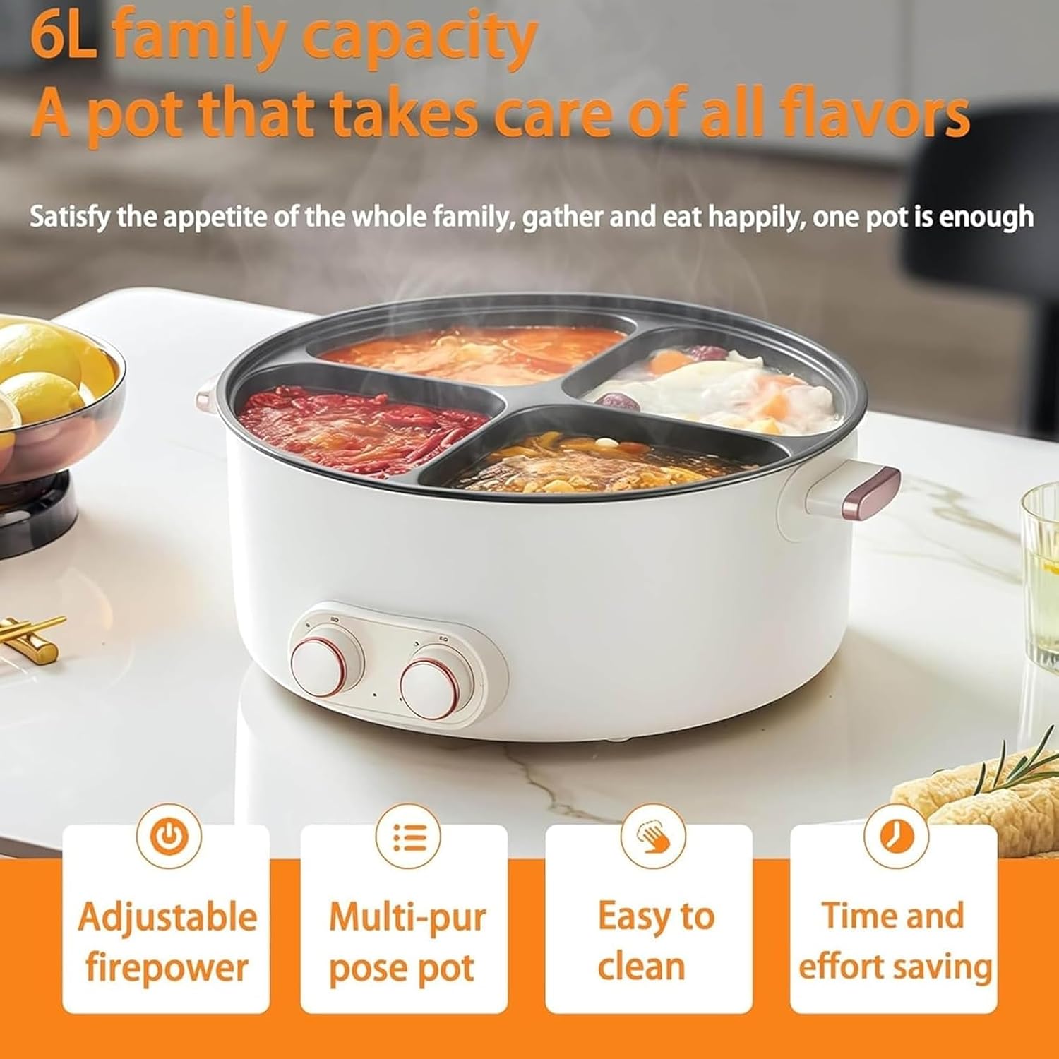 Olla De Cuatro 4 Compartimentos, Multifunctional Four Grid Electric Cooker, 4 Compartment Multifunctional Integrated Stew Hot Pot, 6l Large Capacity 4 Flavors for Family Gatherings(1pc)