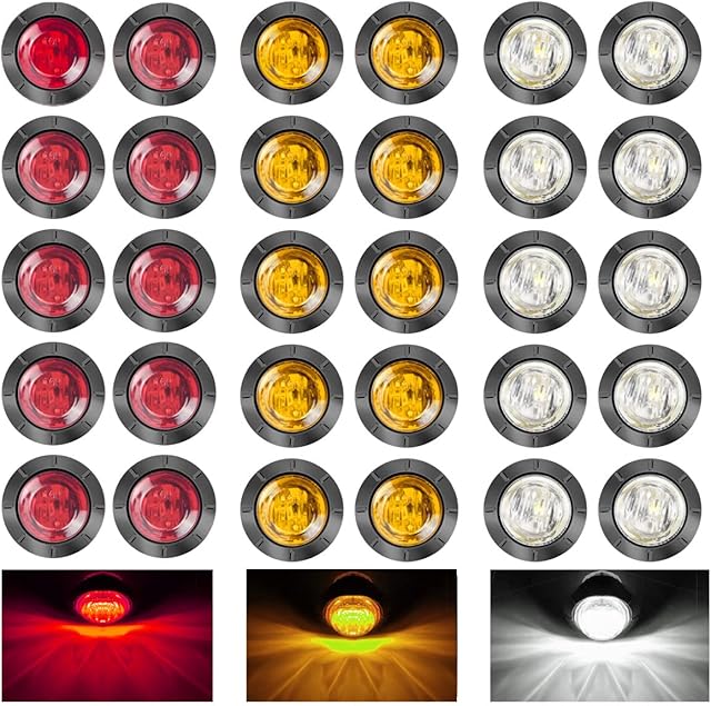 30Pcs 3/4" Round LED Front Rear Side Marker Indicators Light 12V Waterproof Clearance Marker Light 12V for Truck, Trailer, Car, RV Markers (10Pcs Amber + 10Pcs Red + 10Pcs White)