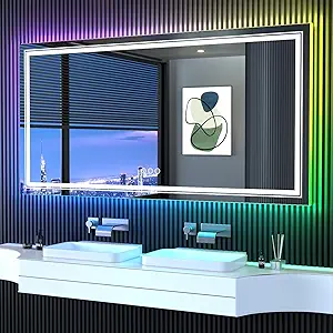LED Mirror for Bathroom, 60"X36" with 8 RGB Backlit +3 Front Lit (Adjustable Individually), Anti-Fog, Large Lighted Bathroom Vanity Mirror for Wall,Shatterproof,Memory Function,Tempered Glass