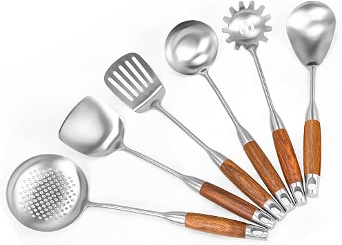 18/10 Stainless Steel Kitchen Utensils Set 6 Pcs Metal Cooking Utensil with Wood Handle, 15.5 Long Spatula, Soup spoon, Leaking shovel, Spaghetti Spoon Kitchen Tools Set Wood handle - 6 Piece