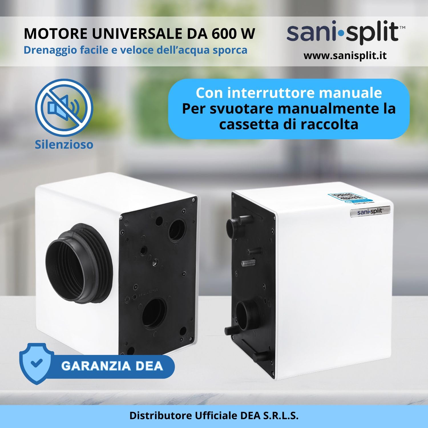 Trituratore WC Maceratore Sanitario SANISPLIT 3 WC Universale Bagno Pompa Scantinato Acque Reflue Nere e Grigie Water Lavabo Divisibile Garanzia Italia DEA con Split Gel Disincrostante