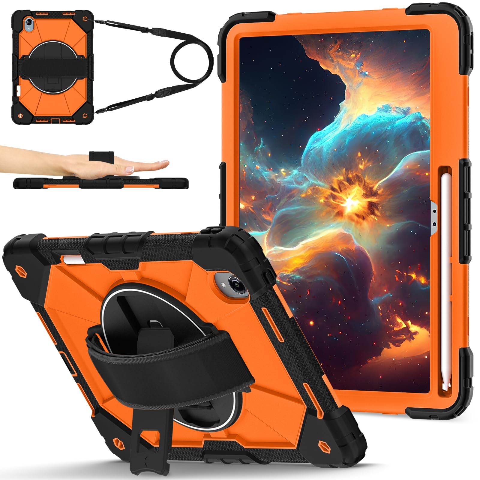 Etui na tablet kompatybilne z Lenovo Idea Tab Pro GT 33.0 cm, klasy wojskowej, odporne na wstrząsy, ochronne, wytrzymałe, silikonowe, z paskiem na ramię + stojak obracany o 360°. B + pomarańczowe