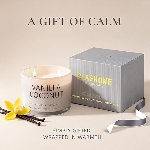 Miniatura 2 de Velas con aroma a vainilla y coco, velas grandes de 3 mechas para el hogar, velas de lujo de soja de 12 onzas, 50 horas de tiempo de combustión,