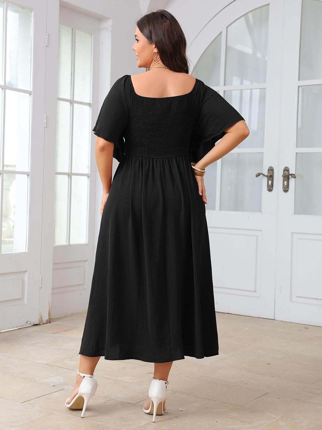 Women's Plus Size Dress Short Sleeve Square Neck Smocked Side Split Flowy A Line Long Maxi Dress - Image 4