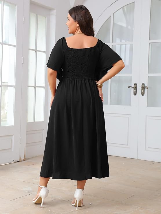 SHESTARR Women's Plus Size Dress Short Sleeve Square Neck Smocked Side Split Flowy A Line Long Maxi Dress