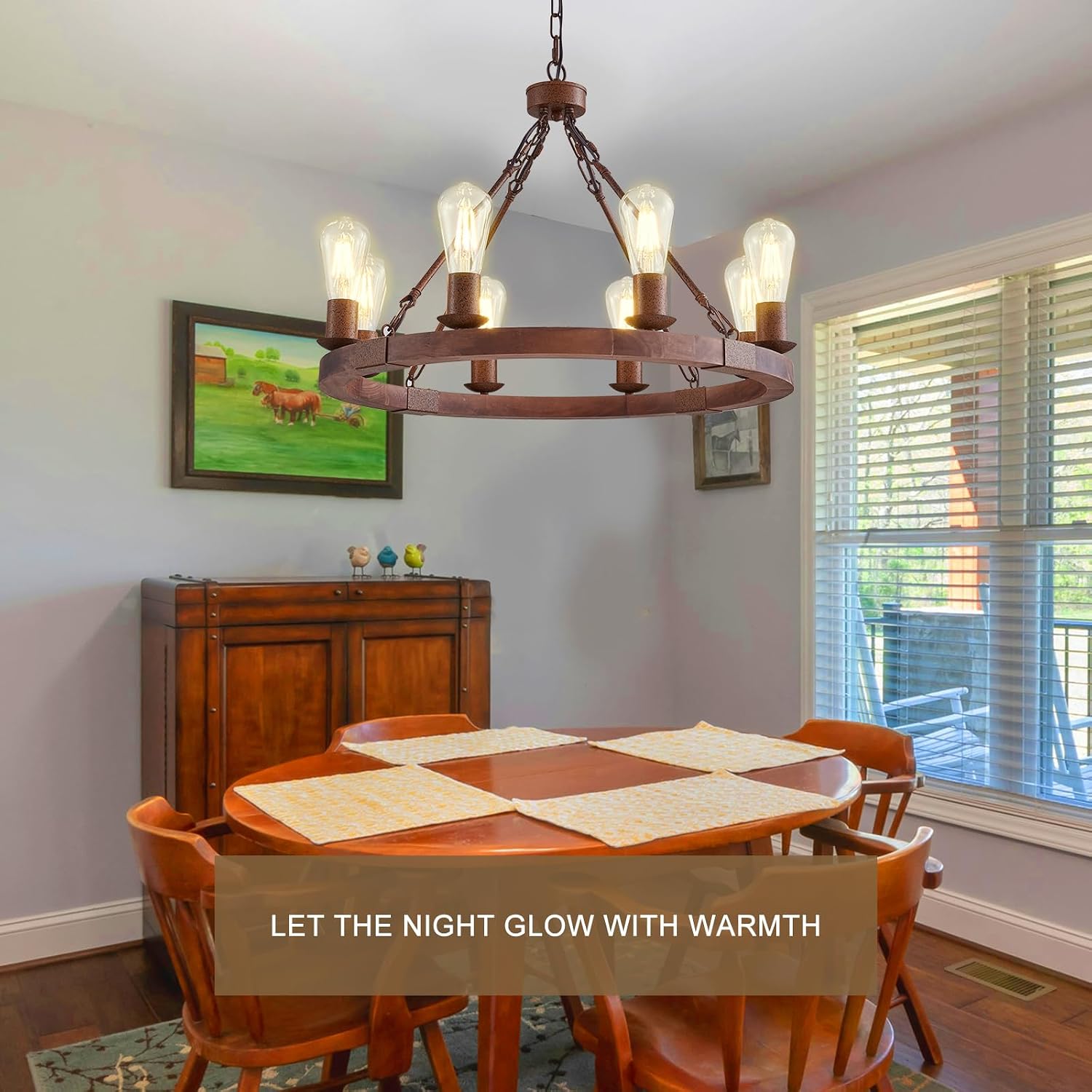 Upgraded Farmhouse Wagon Wheel Chandelier 24.6in Wood Rustic Light Fixtures 8-Light Round Metal Industrial Farmhouse Dining Room Pendant Light for Living Room Foyer