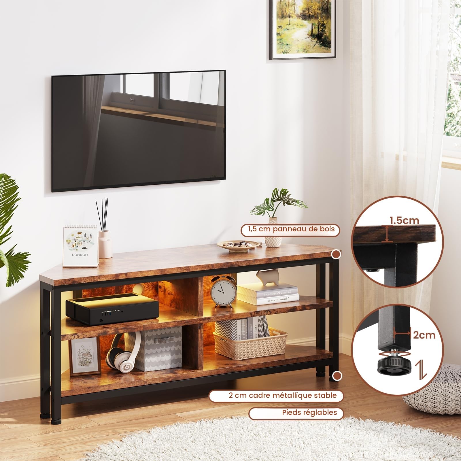 Dripex Meuble TV Bas d'angle avec éclairage LED Marron Vintage 106x36x45.5 cm