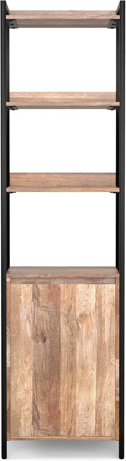 SIMPLIHOME Kelsey Bookcase - 74 inch Tall Solid Mango Wood Narrow Bookshelf with Cabinet in Natural, Modern Industrial Storage for Living Room, Study Room or Office with Slim Profile and Open Shelves