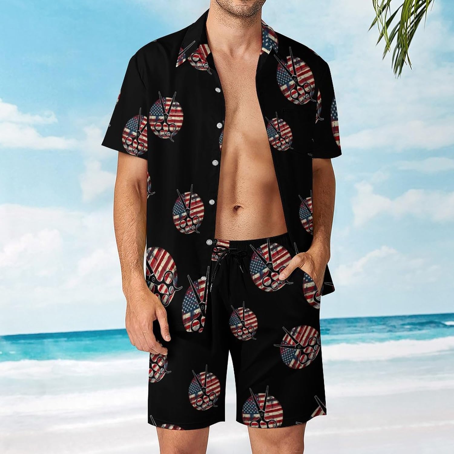 Hair Scissors US Flag Men's Summer Beach Outfits Shirt And Shorts Set 2 Piece Vacation Swimwear