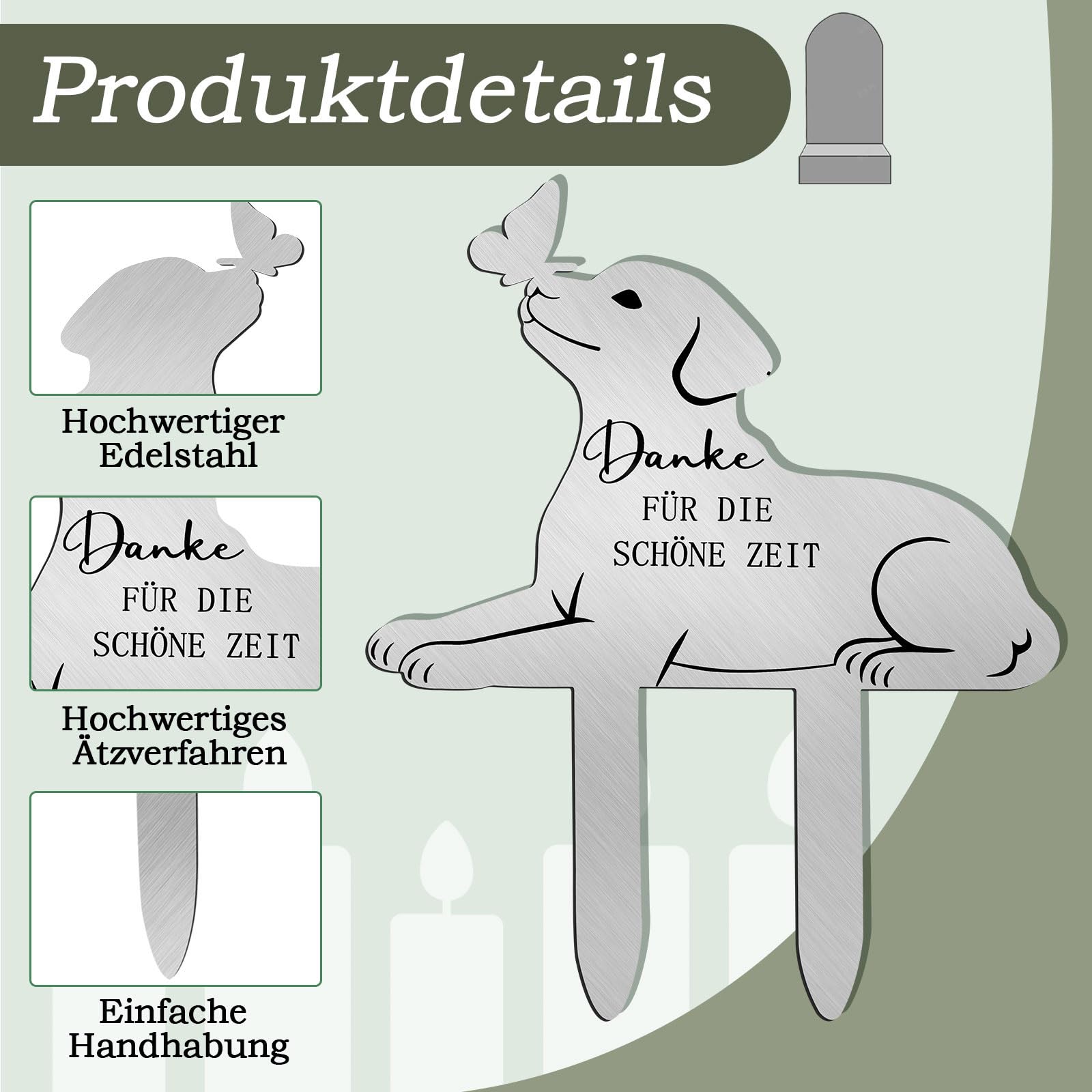 Grabstein Hund, Inschrift “Danke Für Die Schöne Zeit”, Grabschmuck Wetterfest, Aus Metall, Witterungsbeständig, Andenken für Hunde, Gedenken das Geliebte Haustier, Erste Wahl für Tierhalter