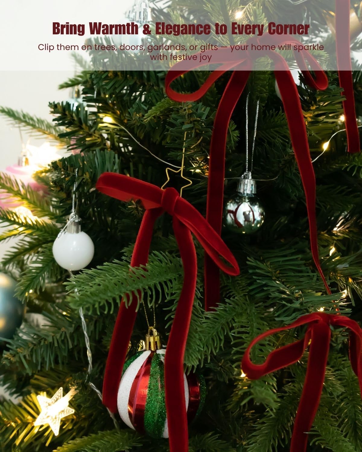 Velvet Christmas Tree Bows – 24 Pcs Holiday Bows (3/8 Wide, 5x7) with Star Clips – Easy Hanging for Tree, Wreath, Gifts & Décor (Burgundy)