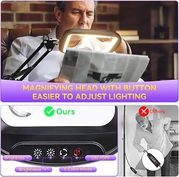 NZQXJXZ 10X 30X Rectangle Magnifying Glass with Light and Stand 2-in-1 Magnifying Lamp mit 60 Einstellbaren Helligkeits-LEDs 5 Farbmodi Leselupe mit Llicht für Senioren Groß Lupenleuchte für Basteln Juweliere
