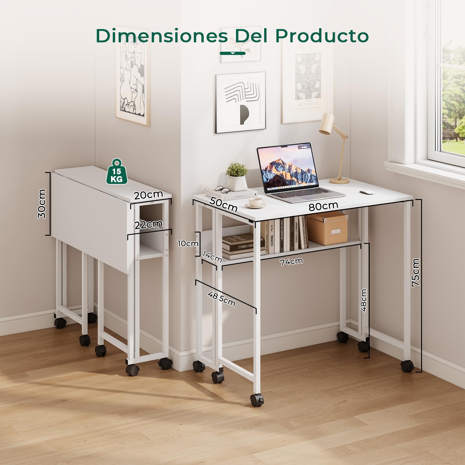 Escritorio Plegable Pequeño con Ruedas y Estante de Almacenamiento, Mesa de Estudio Moderna, Fácil de Montaje y Ahorro Espacio para Casa Oficina, 80 x 50 x 75 cm (Blanca)
