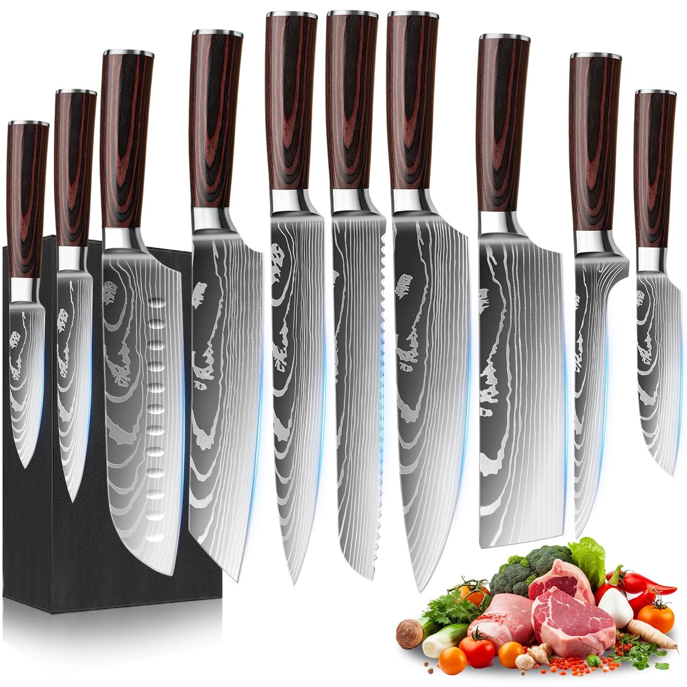 10er Küchenmesser Set, Küchenmesser Set aus Hochwertigem Carbon Edelstahl, Scharfen Klingen, Chefmesser, Hackmesser, Kochmesser, und Ergonomischem Griff, Ideal für Profi und Hobbyköche