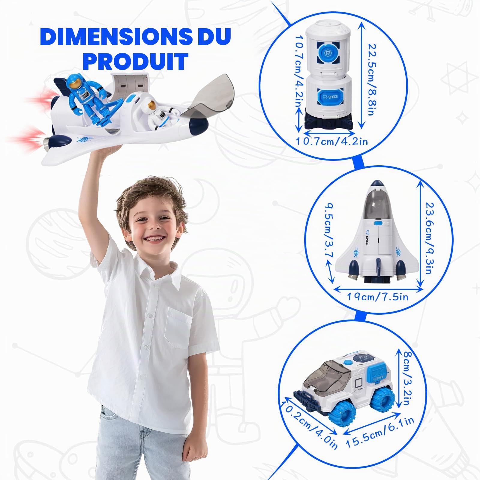 Fusée Jouet Espace pour Enfants, Navette Spatiale de vaisseau spatial avec effets de lumière et de son, jouet pour garçons et filles, kit de jeu d'exploration d'astronautes