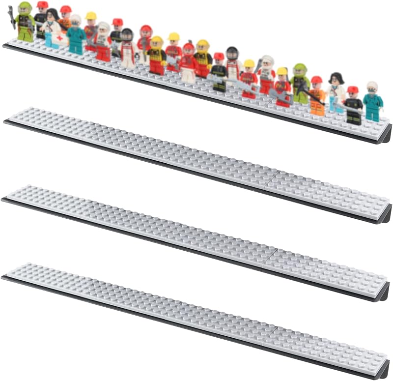 4-Pack Minifigure Display Case, Holds Up to 96 Figures, Mini Action Figure Display Shelf with Brick Building Baseplate, Metal Floating Magnetic Figure Display Cabinet Wall Mount for Lego Minifigure