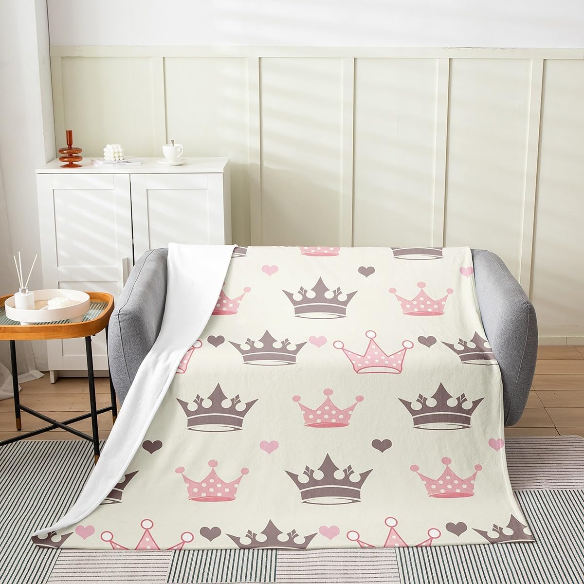 Princess Crown Fleece Blanket,Cartoon Crown Fairy Tale Dreamy Girly Bed Blanket for Kids Teens,Love Hearts Cute Polka Dots Beige Pink Flannel Blanket for Room Decor,Queen 90"x90"