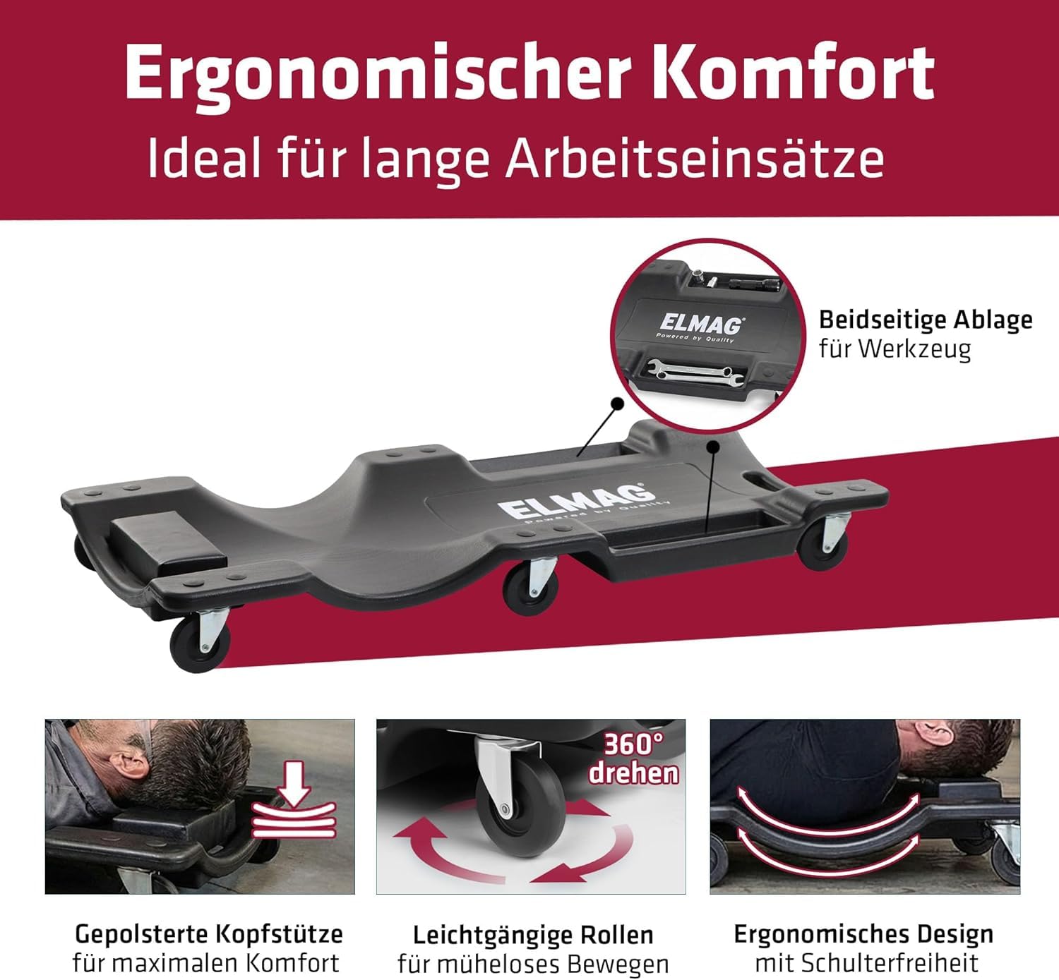 ELMAG Rollbrett Werkstatt 104 x 49 x 9 cm – Rollbrett als Montagerollbrett mit ergonomischem Design, gepolsterter Kopfstütze und Rollen – Werkstattliege mit Werkzeugablage – Bis 150 kg belastbar