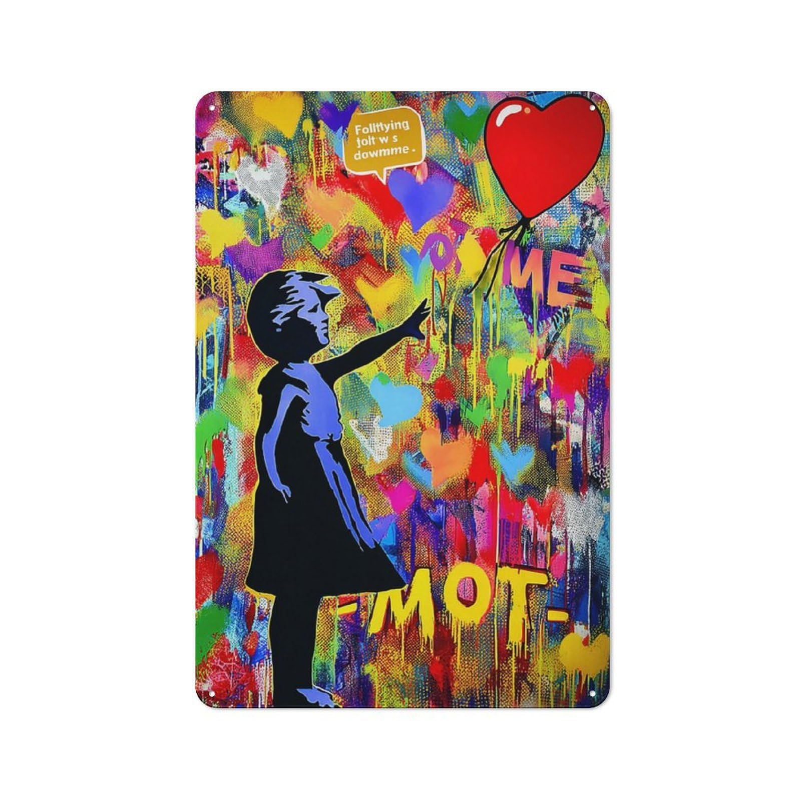 Junmoney Colorful Graffiti Art With Heart Balloon Smart Metal Wall Decor 30X20cm, Office Metal Sign For Office, Study, Studio Or Hallway