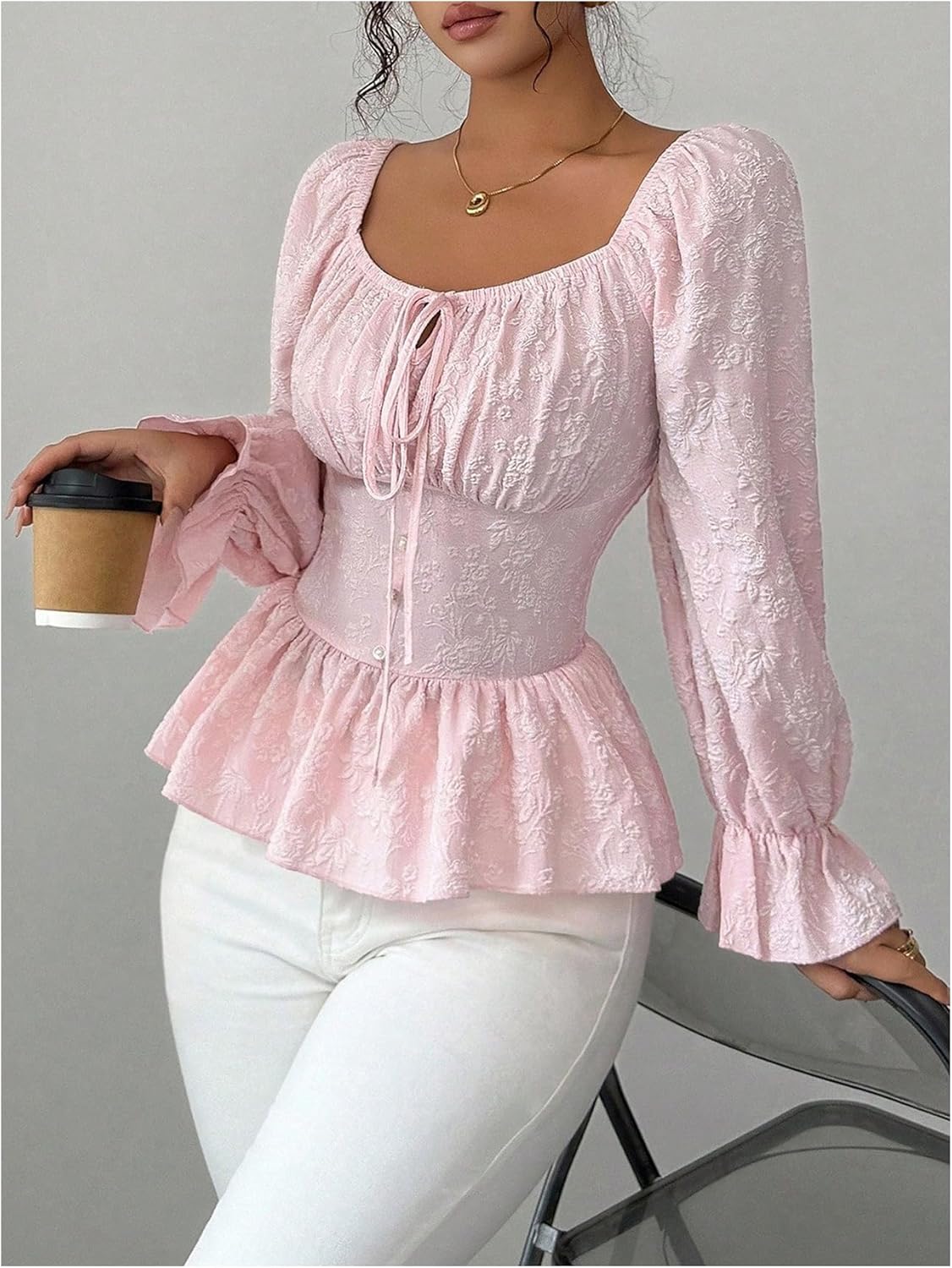 Floerns Women's Jacquard Tie Front Long Sleeve Shirts Cinched Waist Dressy Peplum Blouse Tops - Image 2