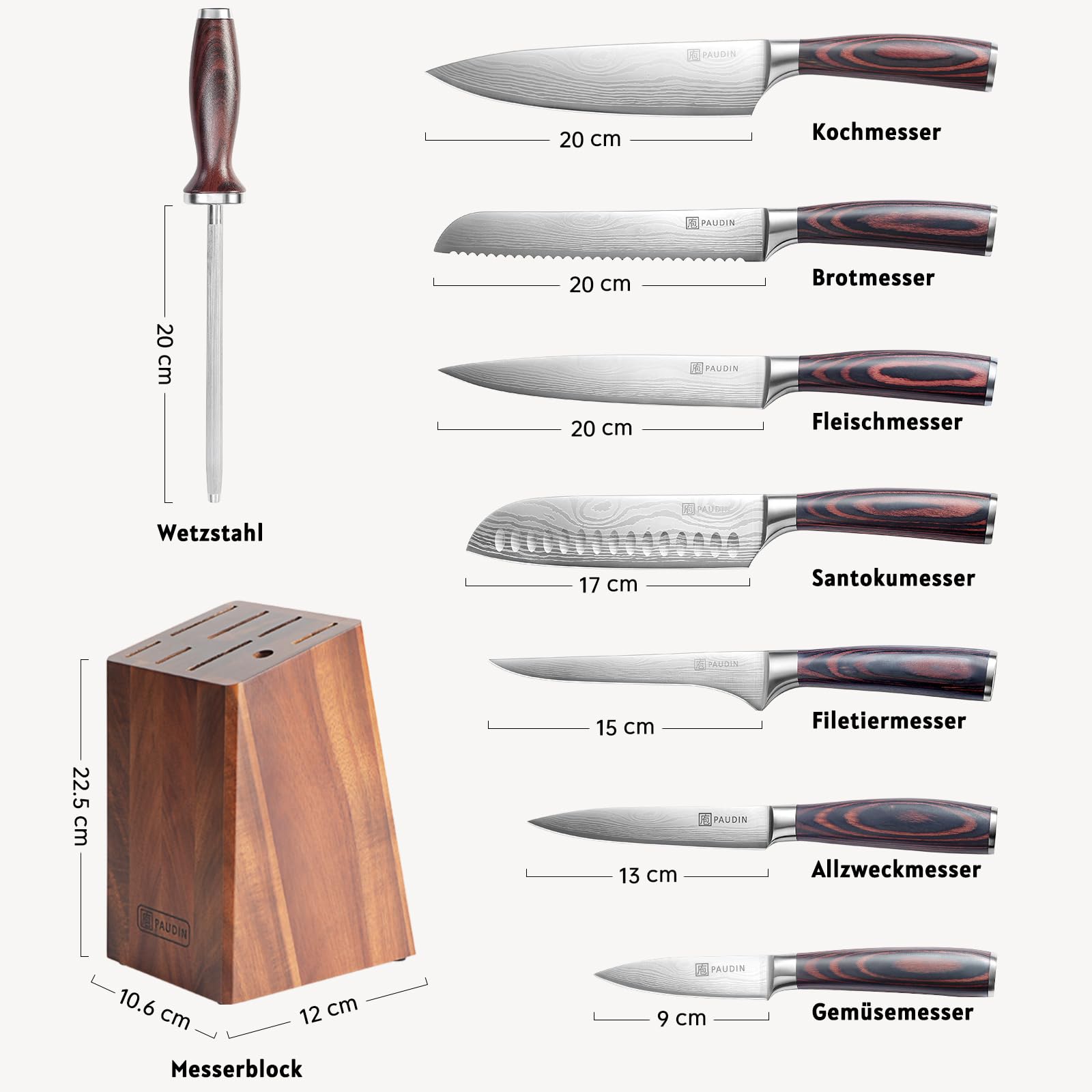 Paudin Messerblock Set mit 9-TLG, Scharfes Hochwertiges Küchenmesser Set aus Edelstahl, Messerblock mit Messer & Ergonomischem Holzgriff, Messerset mit Block für Koch/Haushalt, FDA